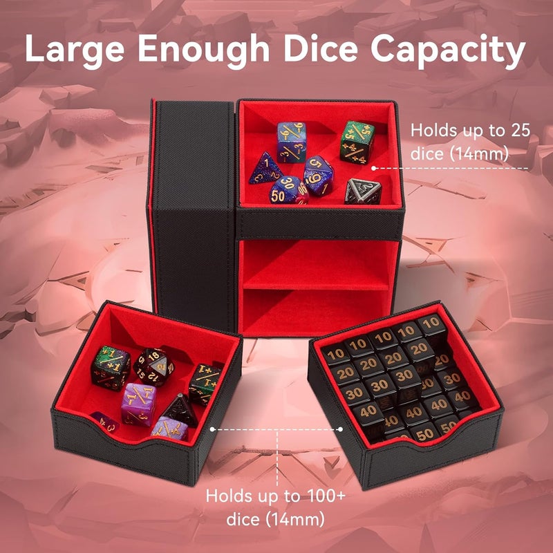 Stepane Dice Tray & Dice Tower Storage Box, 3 in 1 Dice Holder Case (Dice Rolling Tray, Dice Rolling Tower, Dice Storage Drawers), Leather Magnetic Closure DND Accessories Gifts for RPG MTG, Black/Red - Image 3